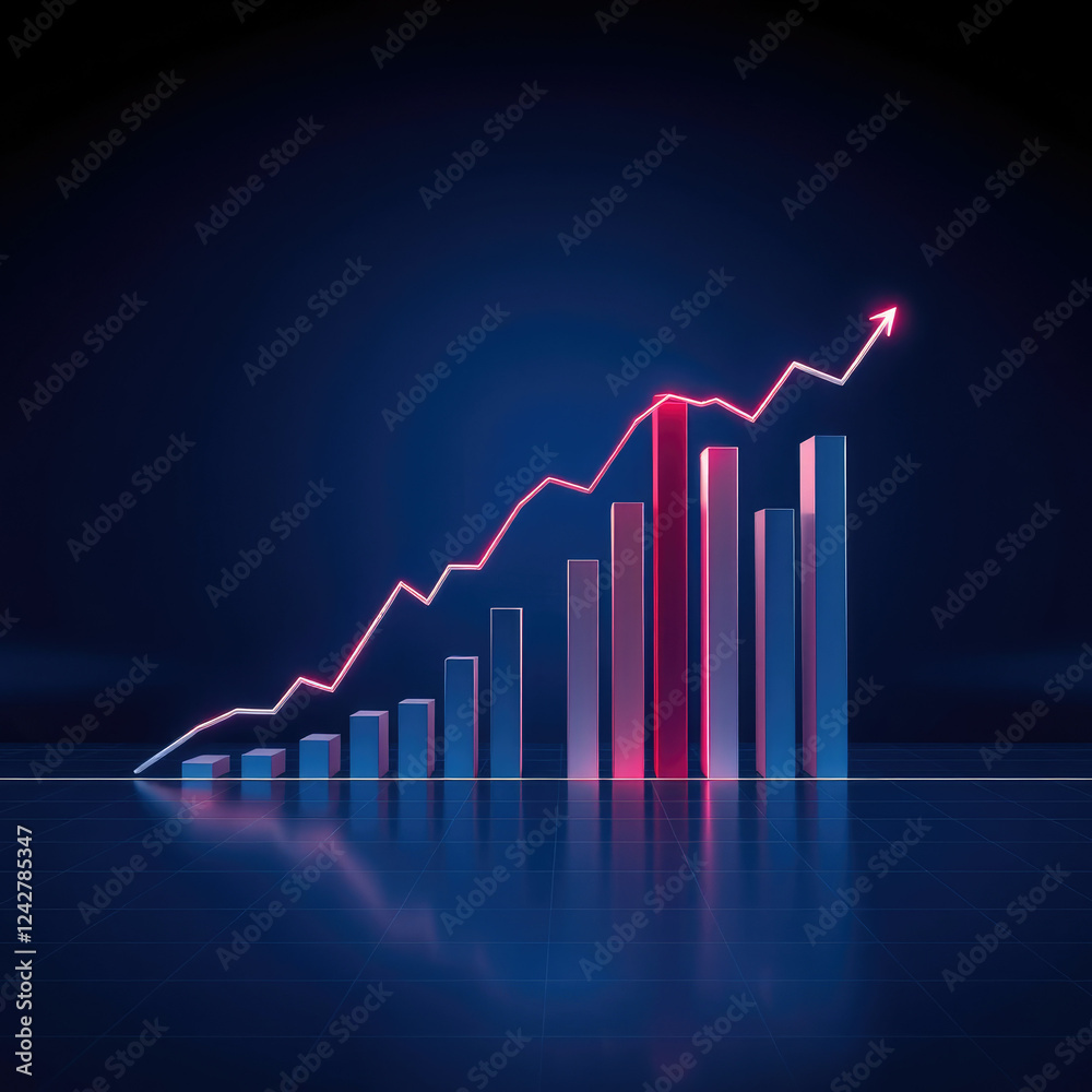Widescreen abstract financial graph with uptrend line and bar chart of stock market on blue color background , stock market, blue background, abstract art Widescreen abstract financial graph with uptrend line and bar chart of stock market on blue color background , stock market, blue background, abstract art