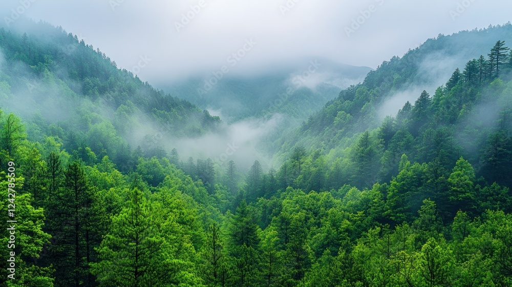 Fototapeta premium Misty mountain valley, lush forest, tranquil scene, nature photography, background image