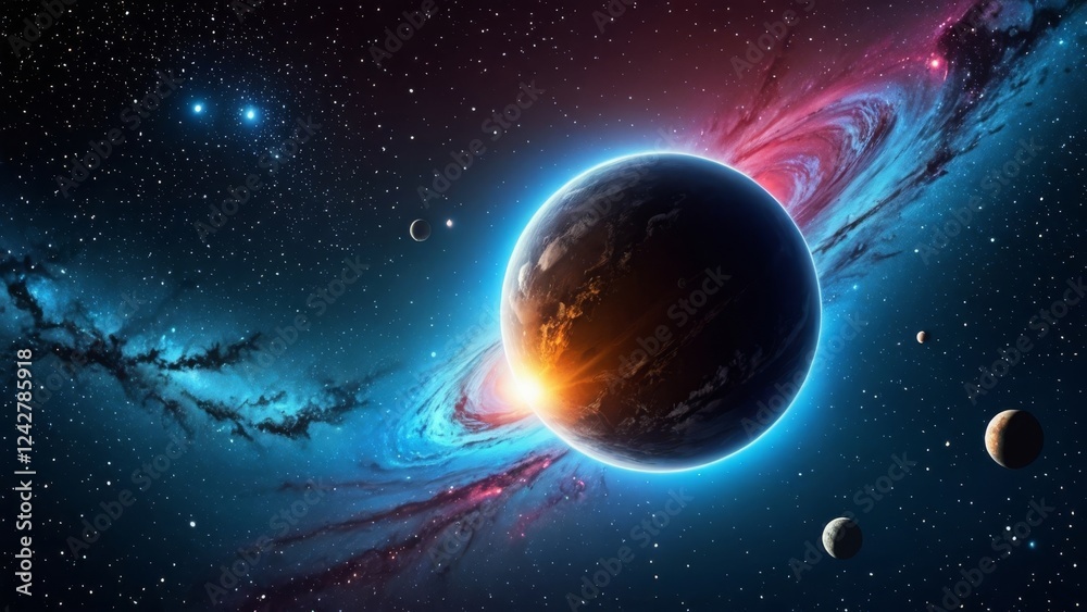 Naklejka premium Planet with vibrant rings and distant stars in a colorful cosmic scene