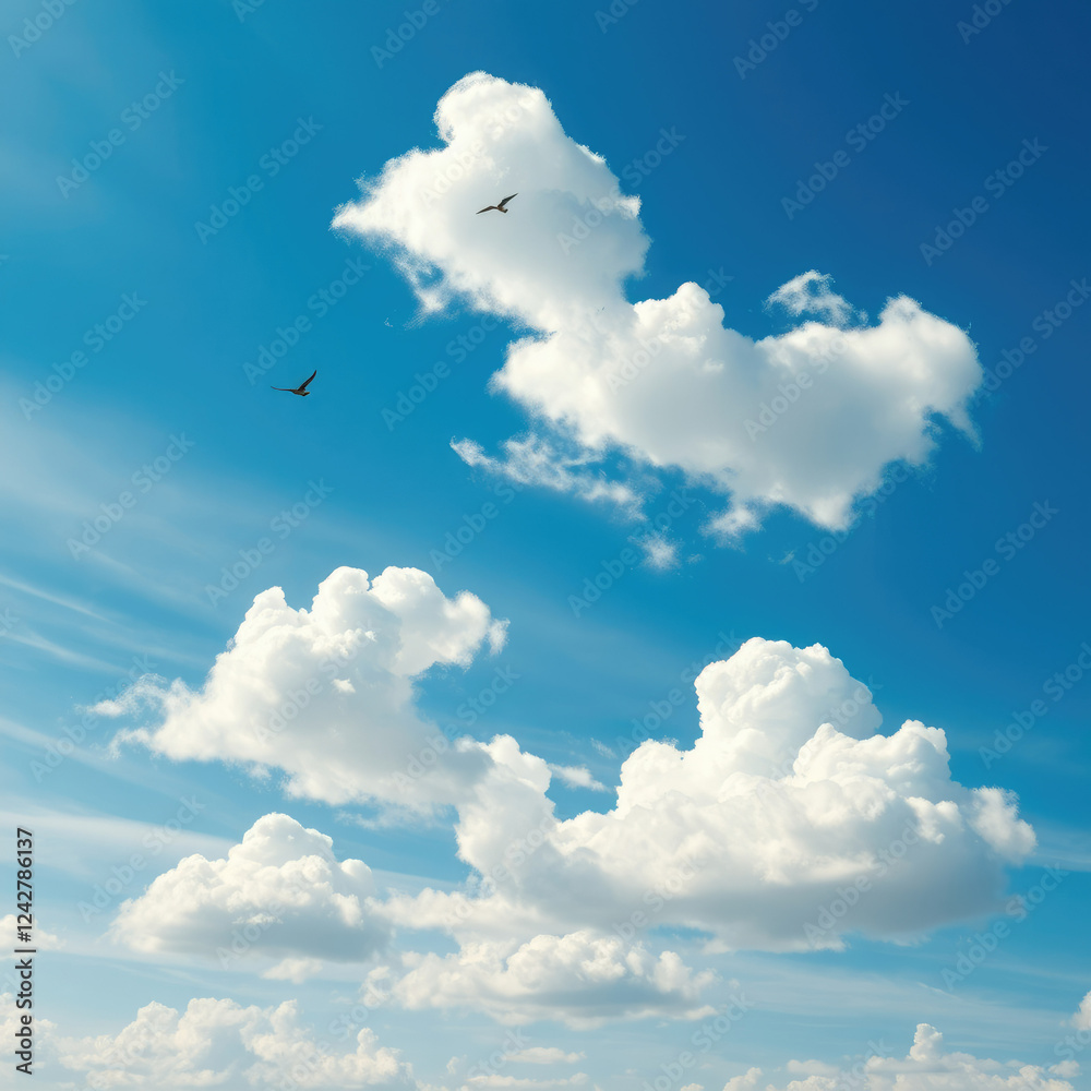 White puffy clouds are seen drifting in the distance on a clear blue summer sky with a few birds flying overhead, landscape, happy White puffy clouds are seen drifting in the distance on a clear blue summer sky with a few birds flying overhead, landscape, happy
