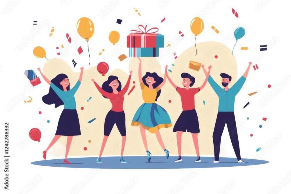 Marketing team celebrating a successful product launch with gift and balloons, happy for achieving business goals Marketing team celebrating a successful product launch with gift and balloons, happy for achieving business goals