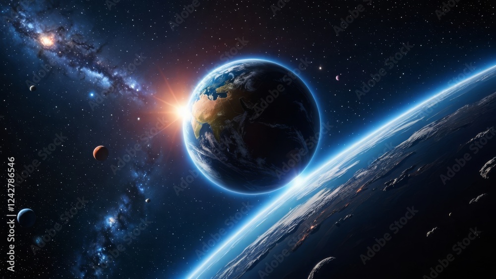Obraz premium Earth and other celestial bodies in space with a stunning sunrise over the horizon