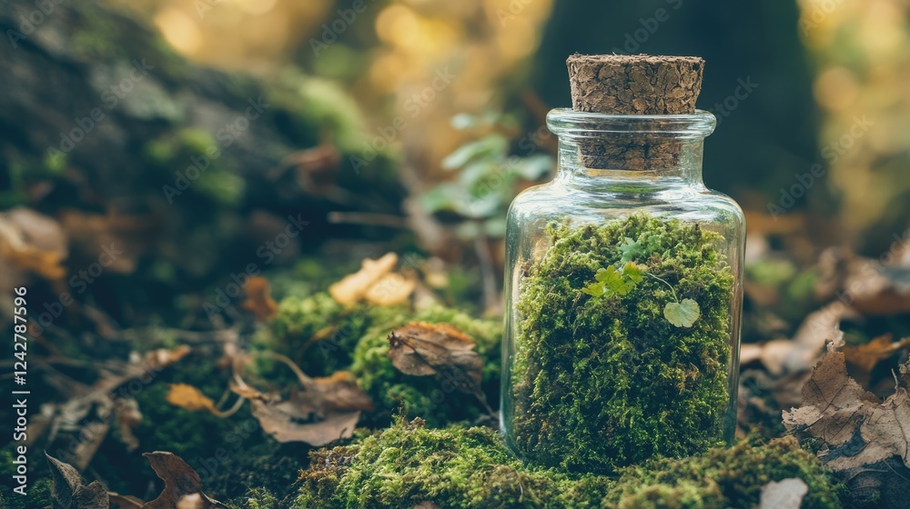 A close-up of moss being carefully arranged inside a glass bottle. A close-up of moss being carefully arranged inside a glass bottle.