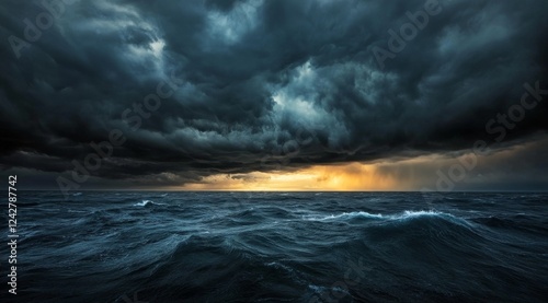 Dramatic ocean storm cloudscape; waves, sunset