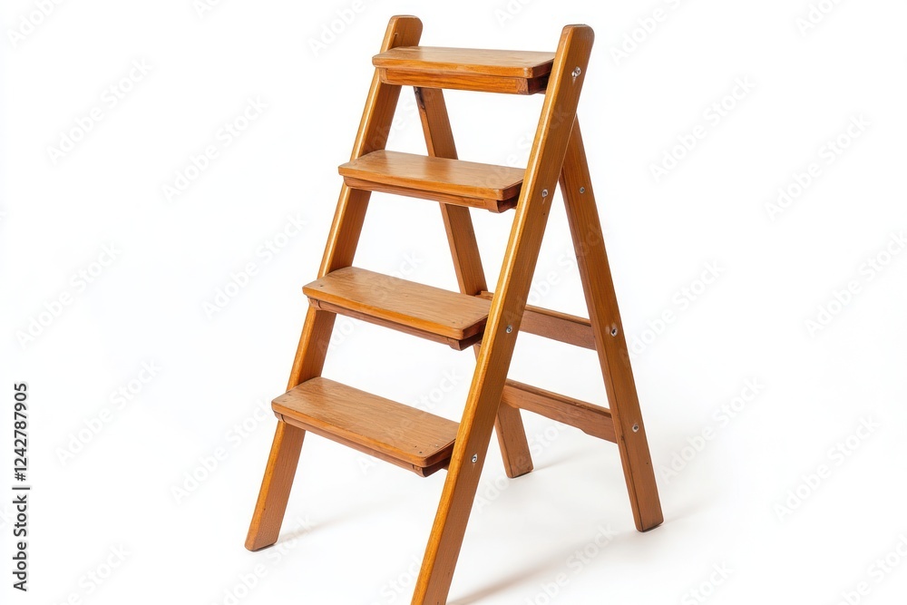 Wooden step stool, home interior, white background, reaching high places Wooden step stool, home interior, white background, reaching high places