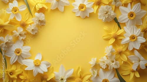 Fresh Yellow Background with Center Arrangement of White and Yellow Flowers Creating an Empty and Blank Space for Text or Design