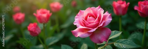 Water droplets on a rose petal amidst lush green foliage and pink tulips, leaves, garden