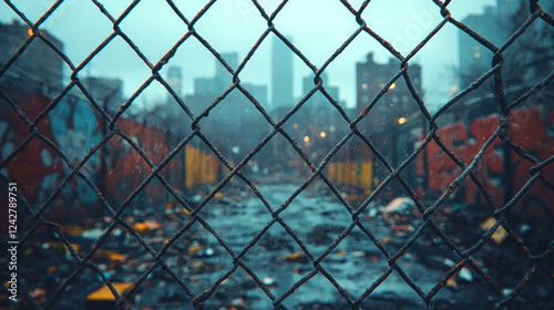 A chain-link fence framing a gritty urban alley, with graffiti and scattered industrial debris in the background photo