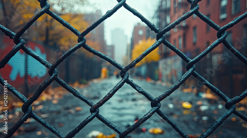 A chain-link fence framing a gritty urban alley, with graffiti and scattered industrial debris in the background photo