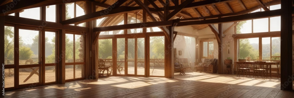 Obraz premium Warm sunbeams illuminate the wooden beams of a charming farmhouse, autumn serenity, rustic decor