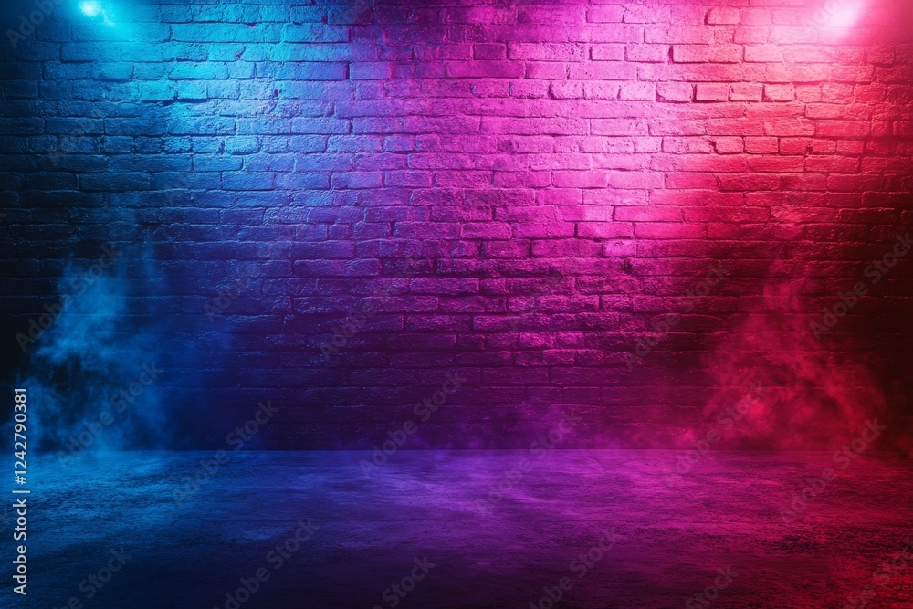 Neon lights illuminate smoky brick wall background (2) Neon lights illuminate smoky brick wall background (2)
