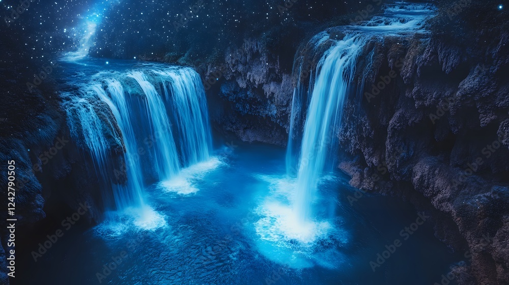 Luminous waterfalls cascading into a serene blue pool, enchanting natural beauty with vibrant light reflections.
