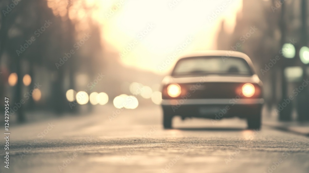 Classic car driving city street sunrise commute Classic car driving city street sunrise commute