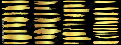 Gold brush stroke, metallic brushstroke set, abstract golden paint streaks, luxury grunge, artistic gold texture, elegant ink smudges, modern gold foil effect, shimmering brush design