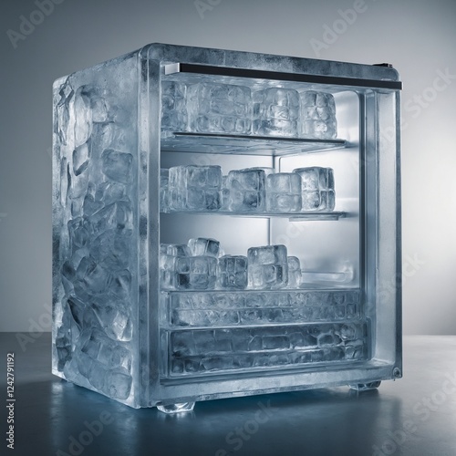 A fridge made entirely of ice, its frosty surface glistening under soft light.with pure white background. photo