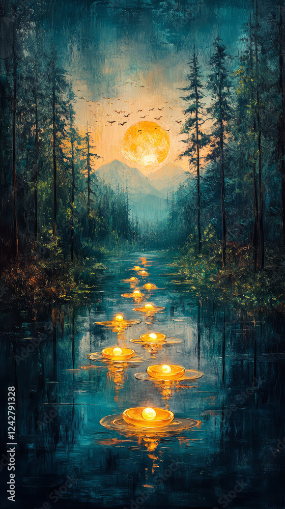 The moon in the night sky reflected in the water of the lake The moon in the night sky reflected in the water of the lake