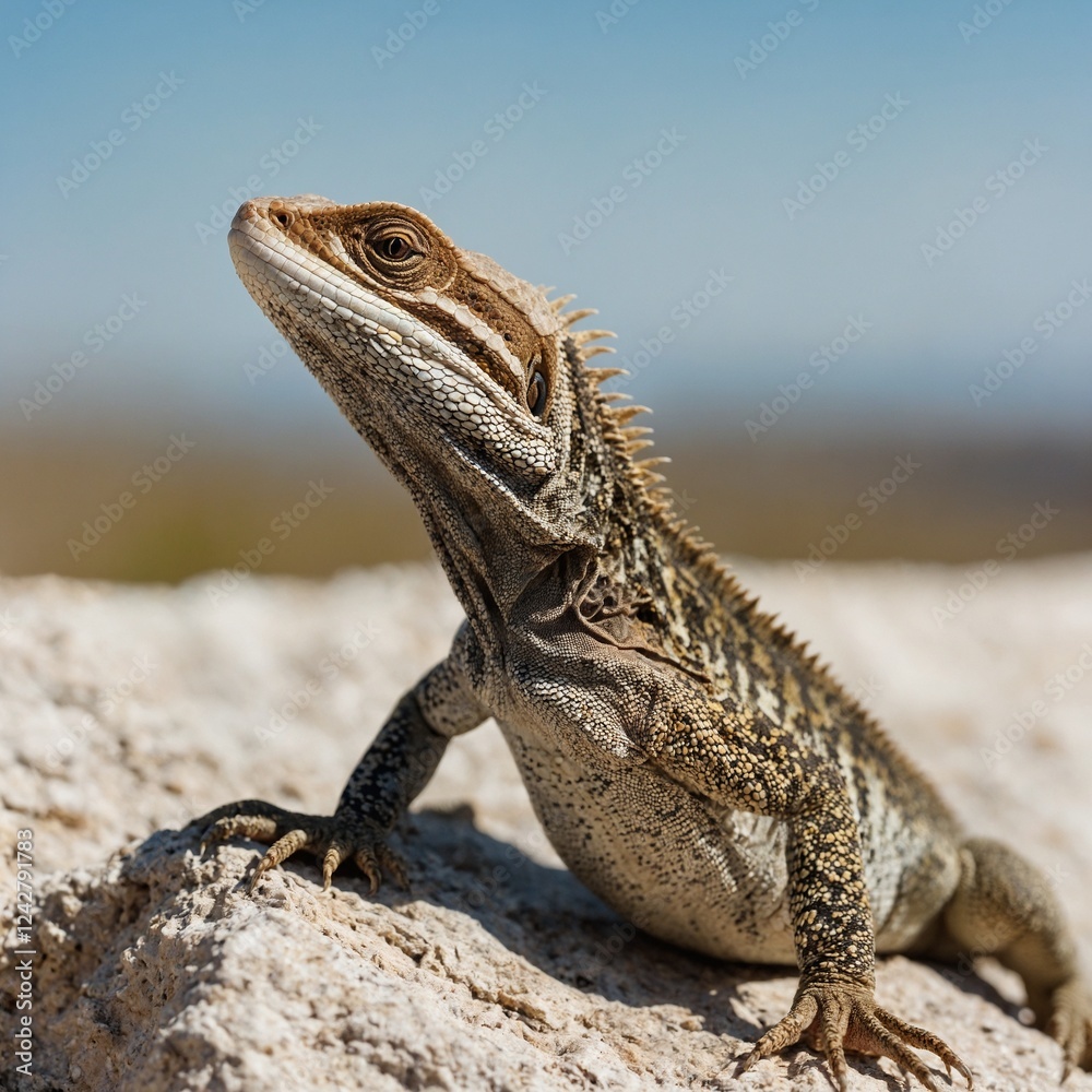 Obraz premium A lizard basking in the sun, its body angled to absorb heat, with a clean white background.