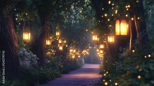 Wallpaper Mural Enchanted Forest Path: A Night of Glowing Lanterns Torontodigital.ca