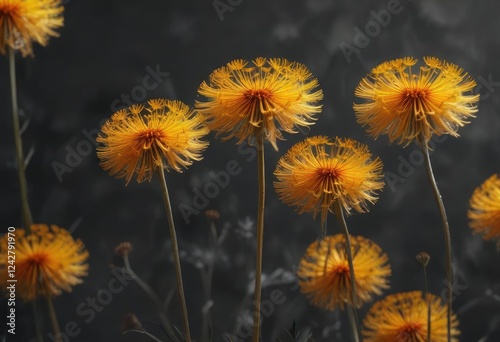 Vibrant yellow and orange hues of abstract dandelion flowers on a dark gray background , FloralArtistry, BoldHues, DarkGrayBackground photo