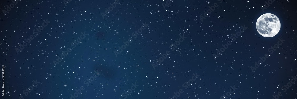 Vibrant starry night sky with twinkling lights and a full moon in shades of white and silver, light blue, starry night, gray sky Vibrant starry night sky with twinkling lights and a full moon in shades of white and silver, light blue, starry night, gray sky