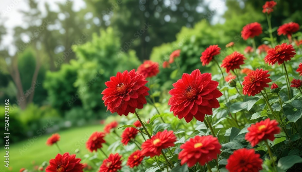 Vibrant red dahlia blooms against a blurred green background with garden scenery , colorful, garden Vibrant red dahlia blooms against a blurred green background with garden scenery , colorful, garden