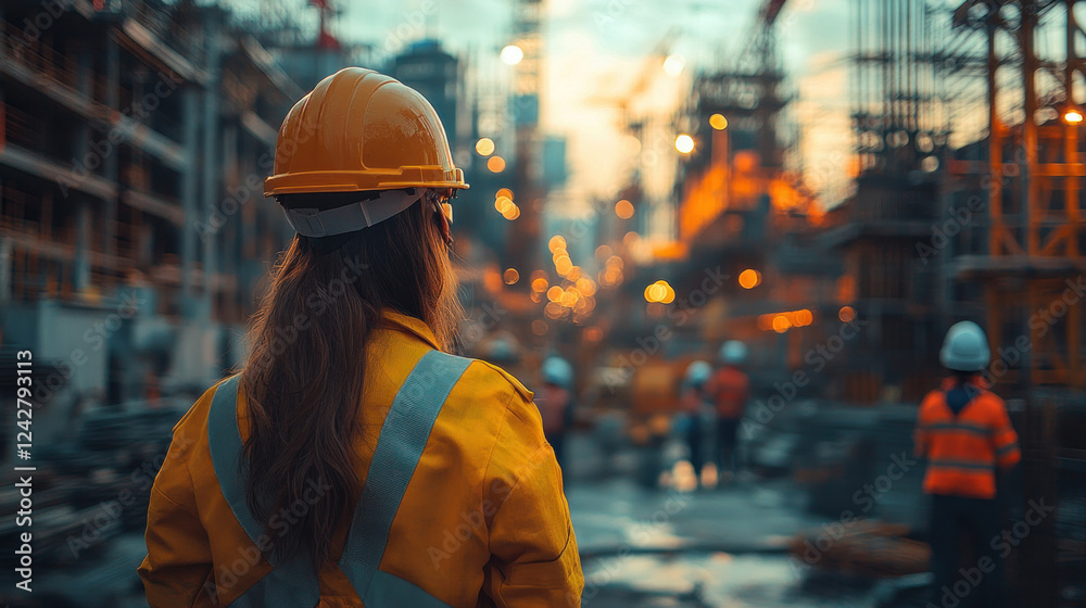 A project manager giving instructions to a team of workers at a bustling construction site A project manager giving instructions to a team of workers at a bustling construction site