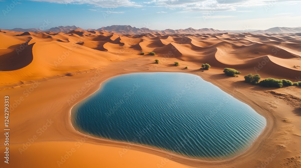 Naklejka premium Vibrant oasis in golden desert, tranquil water reflecting blue sky, surrounded by rolling sand dunes, perfect for nature themes.