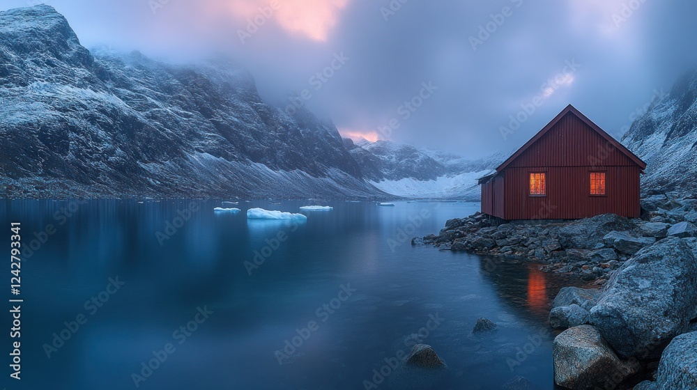 Fototapeta premium Mountain lake cabin at dawn; serene winter scene; tranquil escape; possible use stock photo