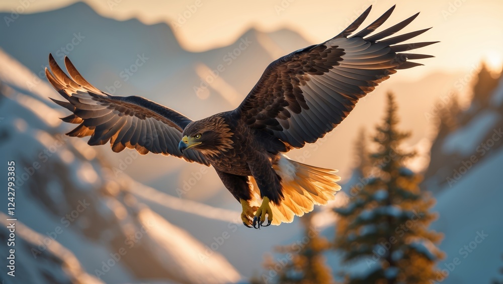 Fototapeta premium Majestic eagle soars above snow-capped mountains during golden hour