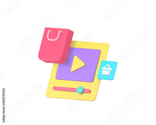 Blog vlog shopping shop store video marketing advertising 3d icon realistic vector illustration. Social media promo internet announcement online communication technology digital commercial strategy