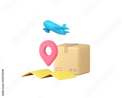 Airmail postal parcel cargo air delivery logistic service 3d icon realistic vector illustration. Aviation courier shipping cardboard box freight international post import export order transportation