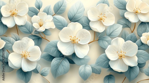 Wallpaper Mural White flowers, teal leaves, cream background, wall art Torontodigital.ca