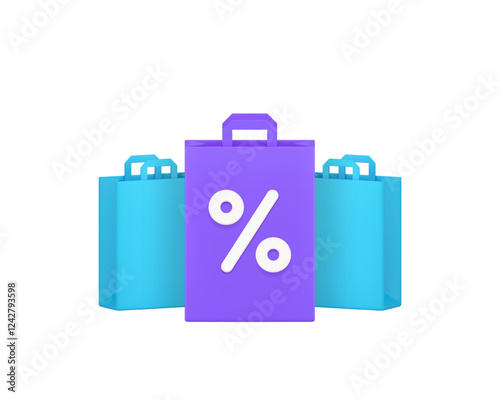 Shopping sale discount clearance special offer shop store bag percentage 3d icon realistic vector illustration. Market supermarket marketplace price off money savings Black Friday retail merchandise