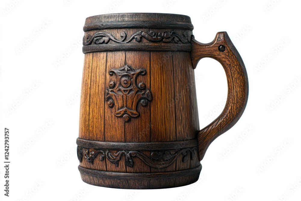 Carved wooden beer mug, studio shot, white background, rustic design, for pubs Carved wooden beer mug, studio shot, white background, rustic design, for pubs