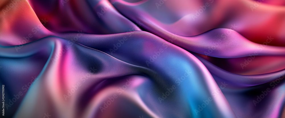 Fototapeta premium Close-up shot of colorful silk fabric flowing in vibrant hues of purple, pink, and blue, showcasing softness and luxury, perfect for design, fashion, or textile concepts.