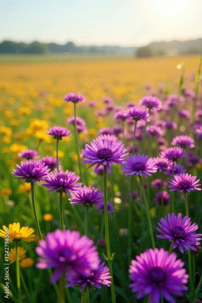 Obraz premium Sea of purple and yellow allium flowers in a field, horizon, natural
