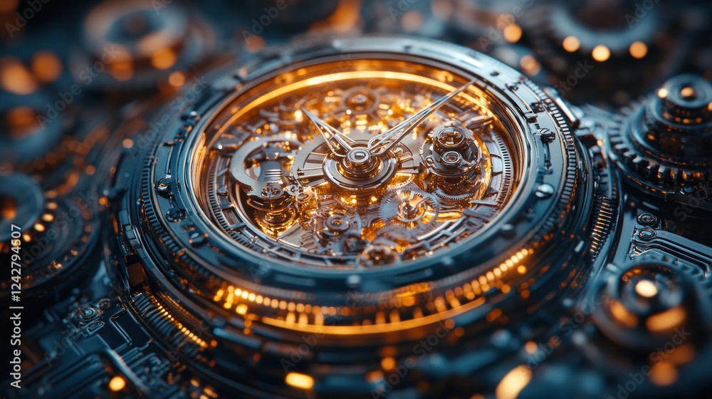 A steampunk mechanical clock with intricate gears and brass detailing, glowing softly in low light A steampunk mechanical clock with intricate gears and brass detailing, glowing softly in low light