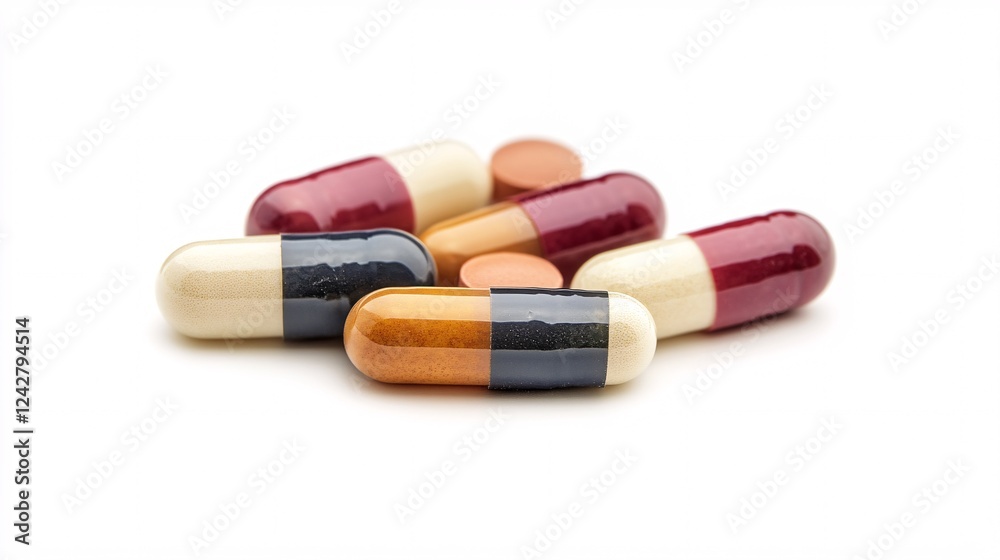 Colorful pills lying on white table in medical facility Colorful pills lying on white table in medical facility