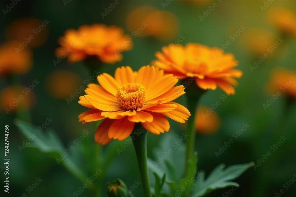 Marigold growing among black calendula officinalis, garden flowers, solitary bloom Marigold growing among black calendula officinalis, garden flowers, solitary bloom