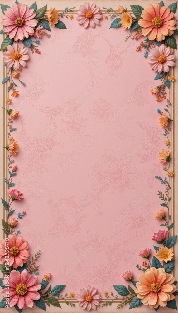 A frame of pink spring flower with copy space for text, featuring floral design elements like flowers, leaves, and a vintage texture, perfect for a spring, valentine greeting card A frame of pink spring flower with copy space for text, featuring floral design elements like flowers, leaves, and a vintage texture, perfect for a spring, valentine greeting card