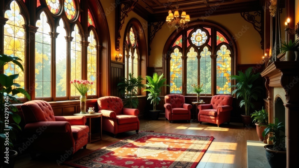 Fototapeta premium Sunlit Interior with Ornate Woodwork and Stained Glass Windows Featuring Red Upholstered Armchairs and Oriental Rug