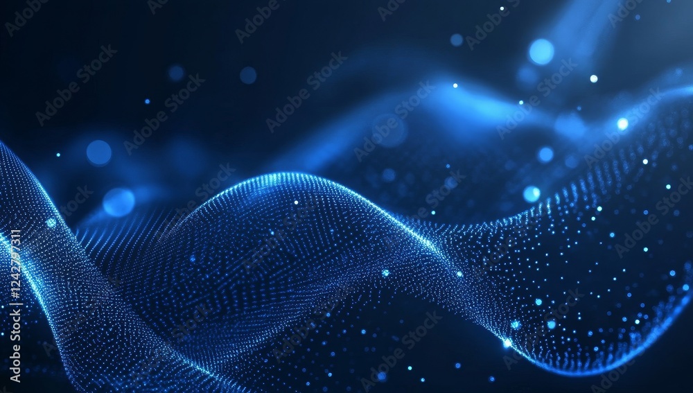 Abstract blue wave particles, dark background, digital art, tech design Abstract blue wave particles, dark background, digital art, tech design