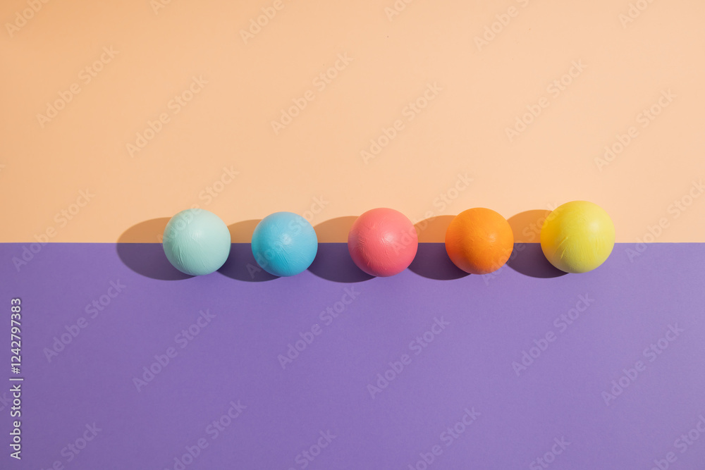 Top view of colorful egg shells lined up in the middle of a purple and a light colored background. Easter decoration Top view of colorful egg shells lined up in the middle of a purple and a light colored background. Easter decoration