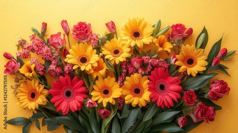 Bright and Cheerful Fresh Flowers Arrangement on a Yellow Background Creating a Beautiful and Inspiring Centerpiece for Any Occasion Bright and Cheerful Fresh Flowers Arrangement on a Yellow Background Creating a Beautiful and Inspiring Centerpiece for Any Occasion