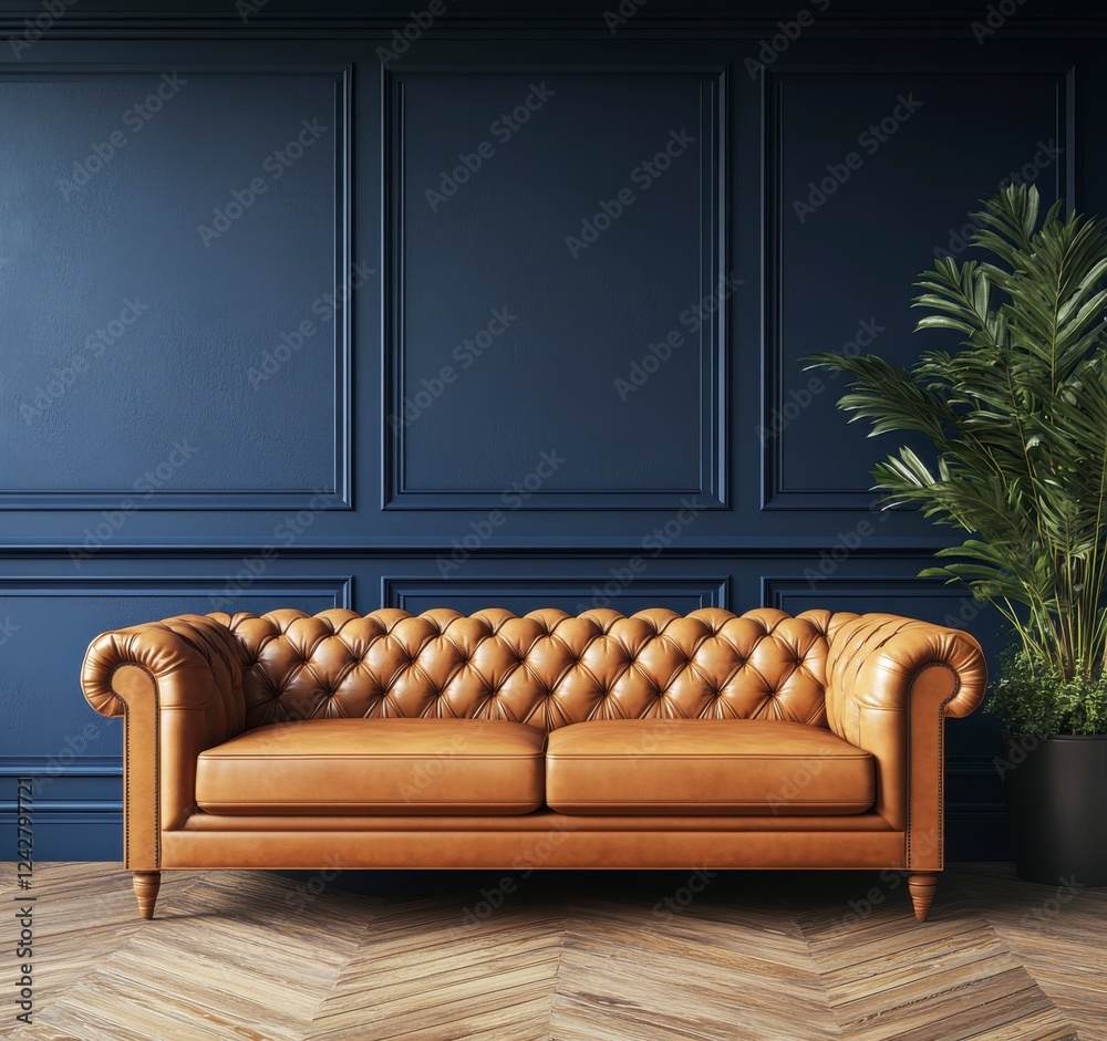 Obraz premium Timeless Elegance: A Luxurious Brown Leather Chesterfield Sofa in a Sophisticated Living Room Setting