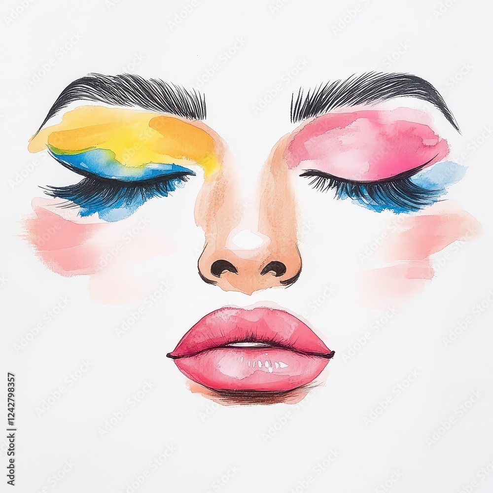 Fototapeta premium Watercolor Portrait of a Woman with Vibrant Makeup