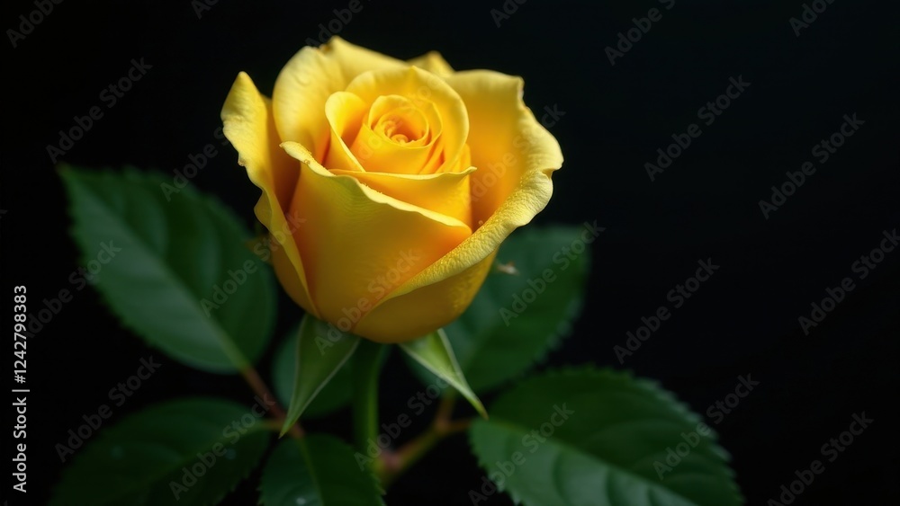 A Single Yellow Rose Bud on a Dark Background, Exquisitely Detailed Close-Up Photography Showing Delicate Petals and Vibrant Color A Single Yellow Rose Bud on a Dark Background, Exquisitely Detailed Close-Up Photography Showing Delicate Petals and Vibrant Color