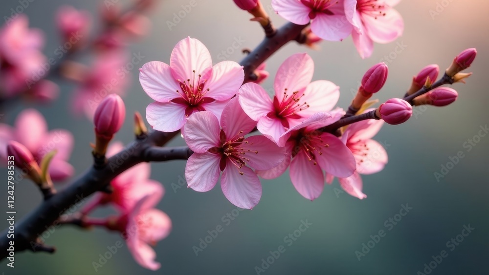 Obraz premium Delicate pink blossoms on a branch, softly illuminated by warm sunlight, showcasing the intricate details of the petals and the gentle curve of the stems