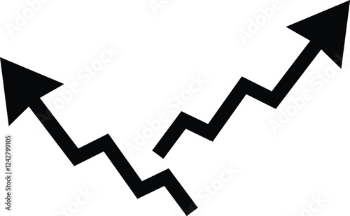 Dual Arrows: Growth and Decline: A bold graphic featuring two zig-zag arrows, one pointing sharply upward and the other downward, symbolizes growth, progress.