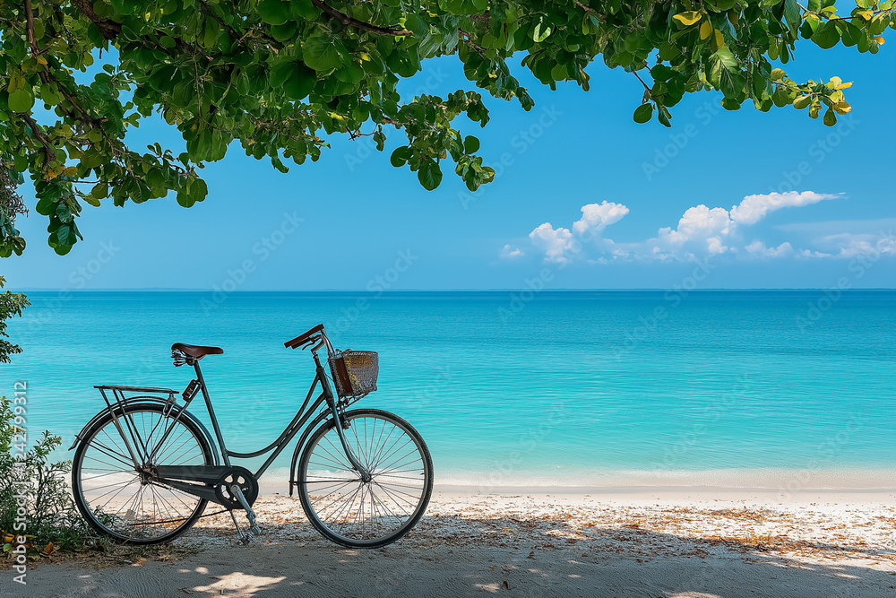 Fototapeta premium A bike parked near a beach with the ocean in the background